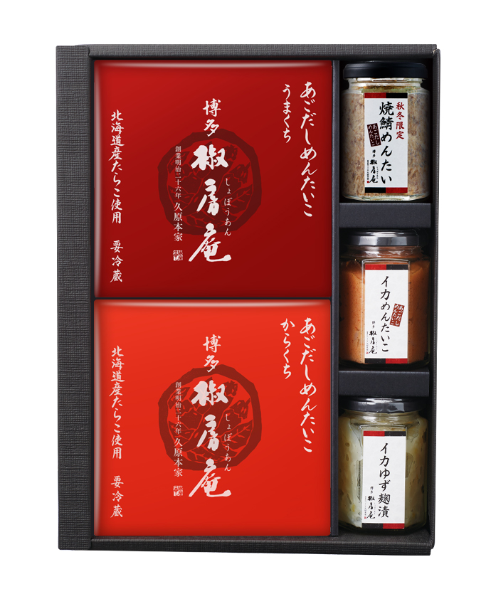 あごだしめんたいこ（うまくち・からくち）・博多珍味3種（あごだしめんたいこイカ・焼鯖めんたい・イカゆず麹漬）ギフト