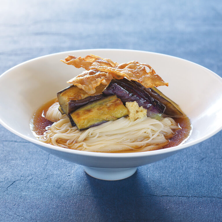 茄子とカリカリ豚の焼き浸し素麺