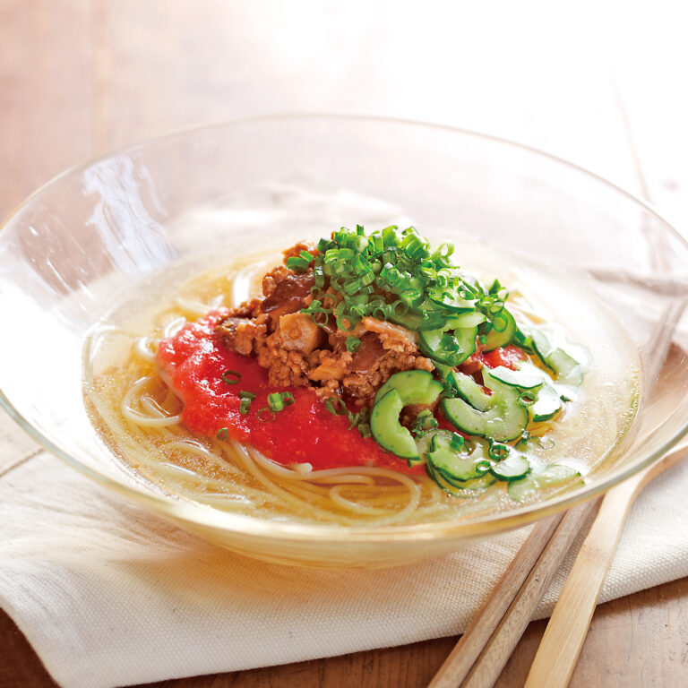 椎茸とトマトの冷製スープパスタ