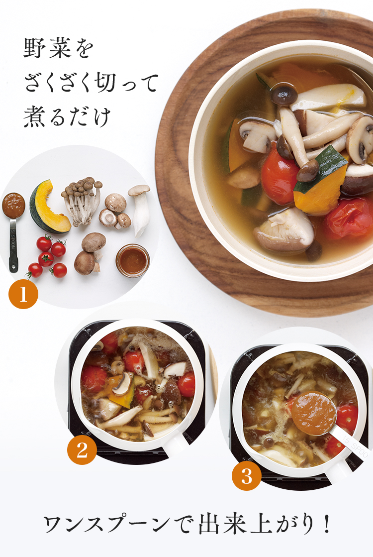 野菜をざくざく切って煮るだけ ワンスプーンで出来上がり!