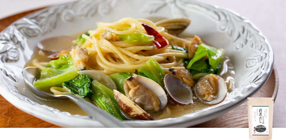 キャベツとあさりのスープパスタ