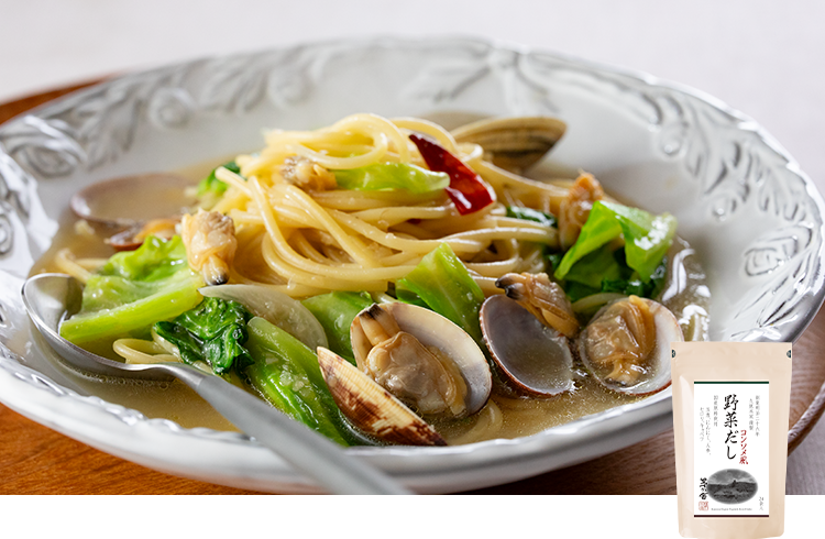 キャベツとあさりのスープパスタ