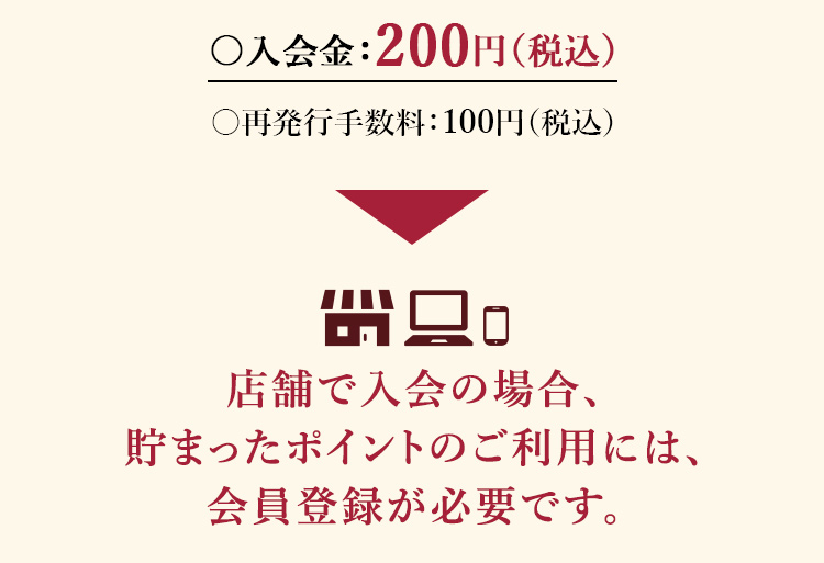 ○入会金：200円（税込）　○再発行手数料：100円（税込）